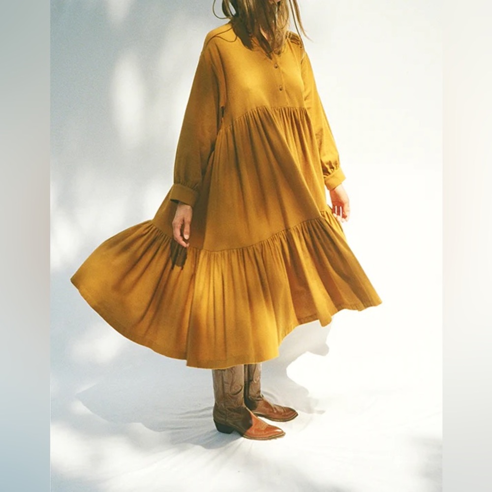 Black Crane Cotton Flannel Tent dress with pockets